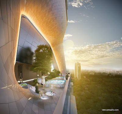 Detalle del edificio a gran altura en un sector de uso común Torre The Scotts en Singapur nivel para uso comunitario