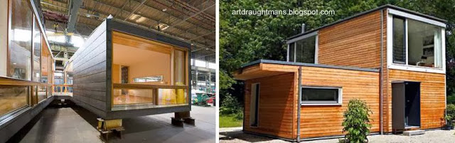 Dos instancias de un proyecto modular: módulos en la factoría, y una vivienda completa Módulos de madera para viviendas