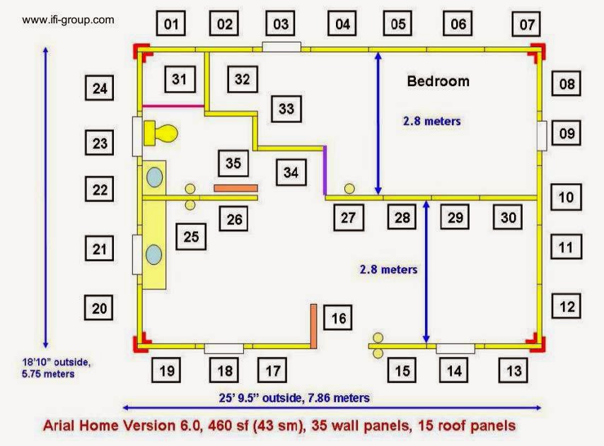 Los paneles están numerados y las medidas junto con los dibujos de las instalaciones permiten comprender mejor esta construcción Plano de planta de casa de bajo costo para México