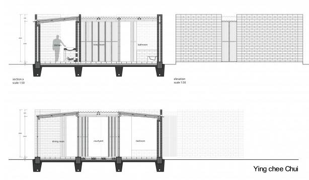 Plano de arquitectura con vista de cortes Plano de la casa económica modular