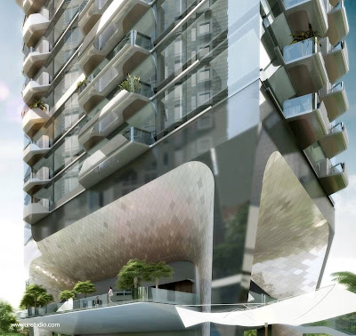 Vista del pie de la torre mostrando áreas abiertas y comunes Base de la Torre The Scotts en Singapur