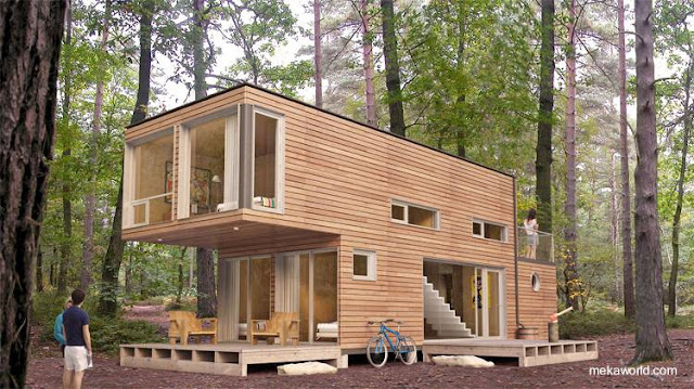 Modelo diseñado con cuatro contenedores grandes Casa cabaña modular hecha de contenedores reutilizados y cubierta de madera producida en Canadá