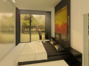 Dormitorio de casa modular Ambiente interior aventanado, luminoso y simple